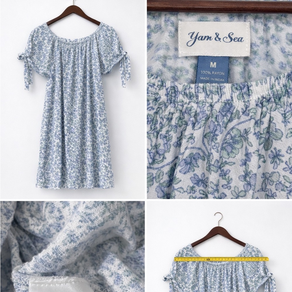 Yarn & Sea Blue Floral Dress | Size Medium | Tie-Sleeve
